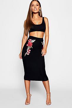 Boohoo Petite Floral Embroidered Midi Skirt