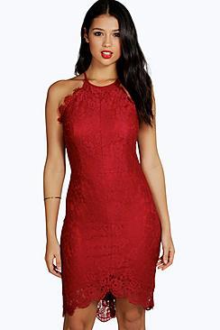Boohoo Boutique Emma Lace Dip Hem Bodycon Dress
