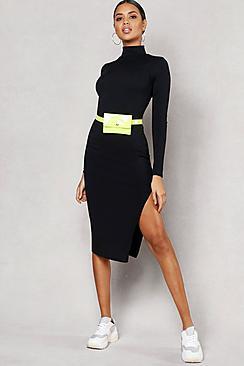 Boohoo Jumbo Rib High Neck Split Midi Dress