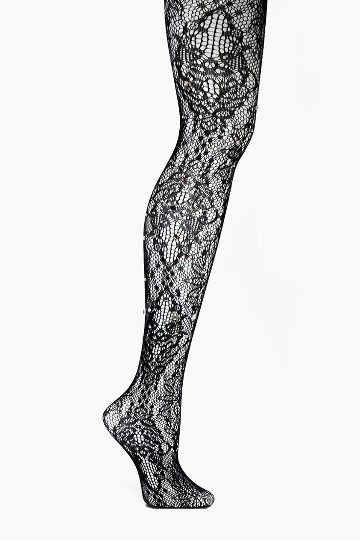 Boohoo Hannah Diamante Patterened Fishnet Tights Black