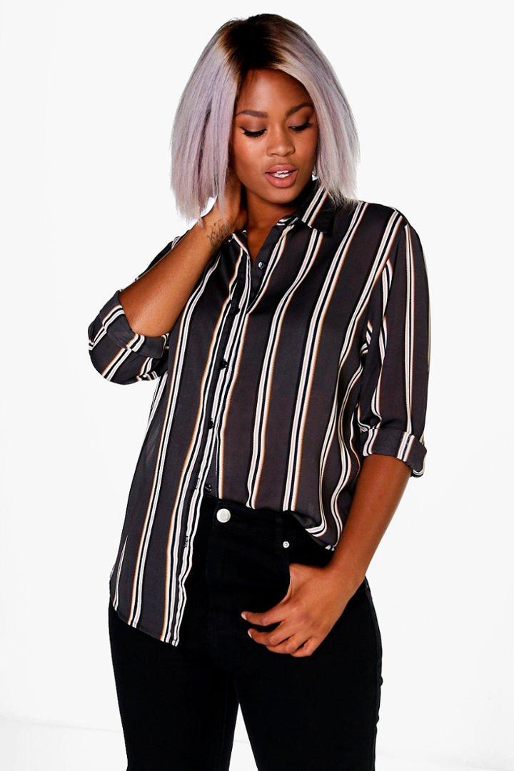 Boohoo Plus Paige Striped Oversized Shirt Grey