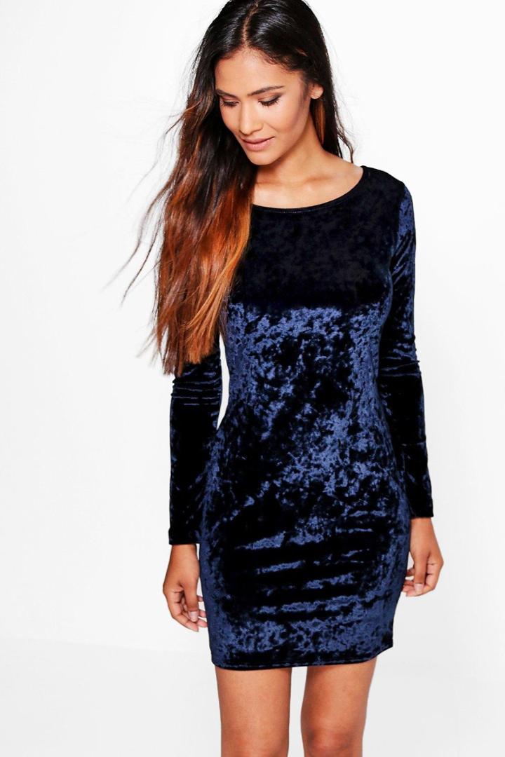 Boohoo Ari Crushed Velvet Long Sleeved Bodycon Dress Blue