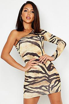 Boohoo Slinky Tiger Print One Shoulder Mini Dress