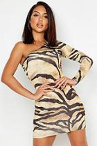Boohoo Slinky Tiger Print One Shoulder Mini Dress