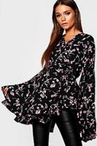 Boohoo Oriental Floral Extreme Flare Sleeve Blouse