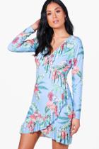 Boohoo Charlotte Tropical Slinky Frill Wrap Skater Dress Multi