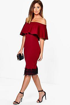 Boohoo Soph Frill Off Shoulder Lace Hem Midi Dress