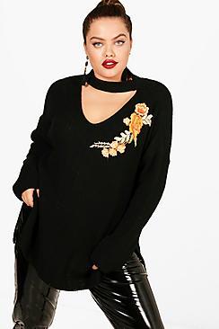Boohoo Plus Amelia Plus Choker Embroidered Jumper