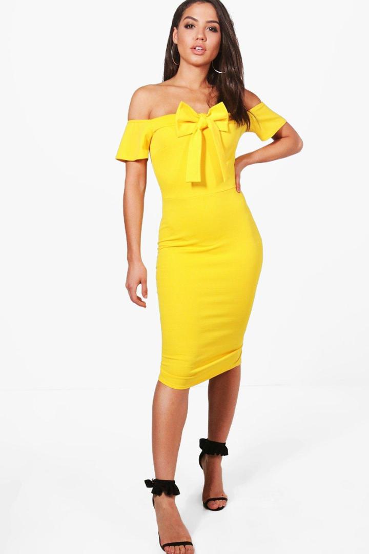 Boohoo Tasha Off Shoulder Bow Front Midi Dress Yellow