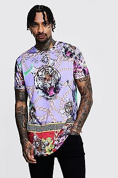 Boohoo Longline Curved Hem Chain Print Tee