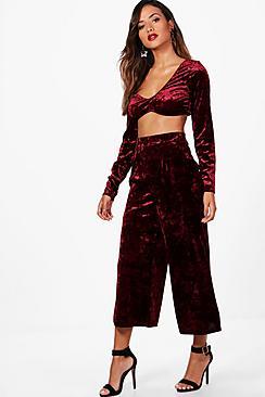 Boohoo Lo Velvet One Shoulder Crop And Culotte Set