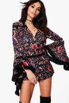 Boohoo Jenny Wrap Front Floral Balloon Sleeve Playsuit Multi