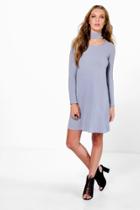 Boohoo Ella Choker Neck Detail Rib Knit Swing Dress Silver
