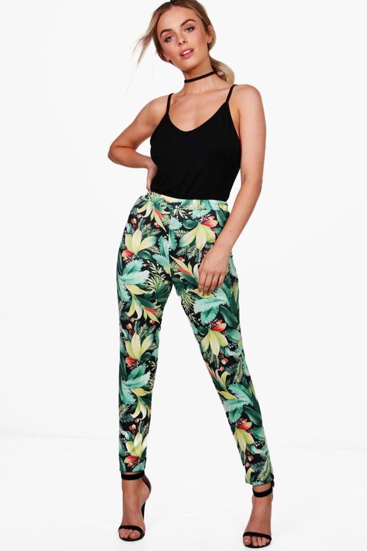 Boohoo Macy Leafy Palm Print Stretch Skinny Trousers Black