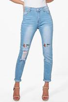Boohoo Mia Mid Rise Embroidered Distressed Knee Skinny Jeans