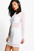 Boohoo Petite Cindy Mesh Panel Bodycon Dress Cream