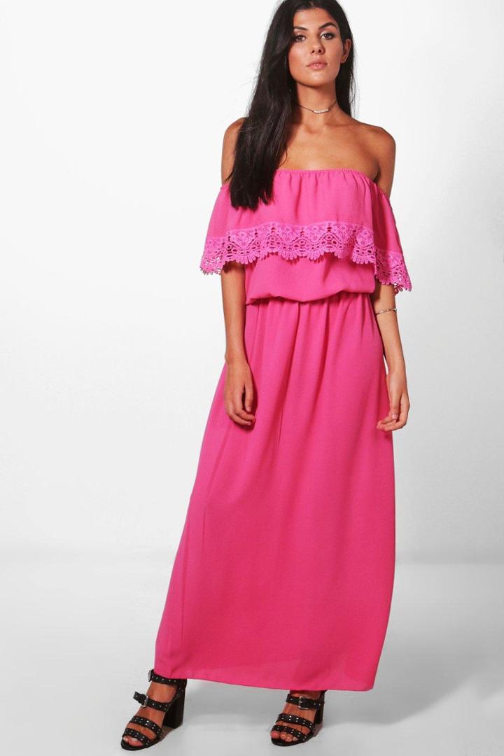 Boohoo Bella Bardot Lace Trim Maxi Dress Cerise