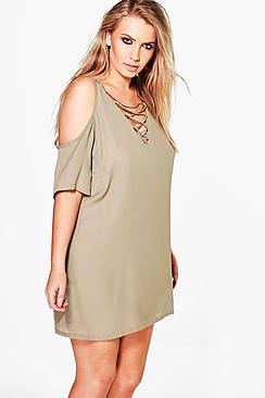Boohoo Plus Janine Lace Up Open Shoulder Dress