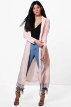 Boohoo Angela Lace Trim Belted Shawl Collar Duster Blush