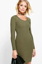 Boohoo Lauren Long Sleeved Ribbed Bodycon Dress Khaki