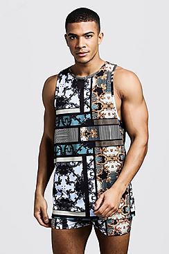 Boohoo All Over Multi Print Racer Drop Armhole Vest Swim Short