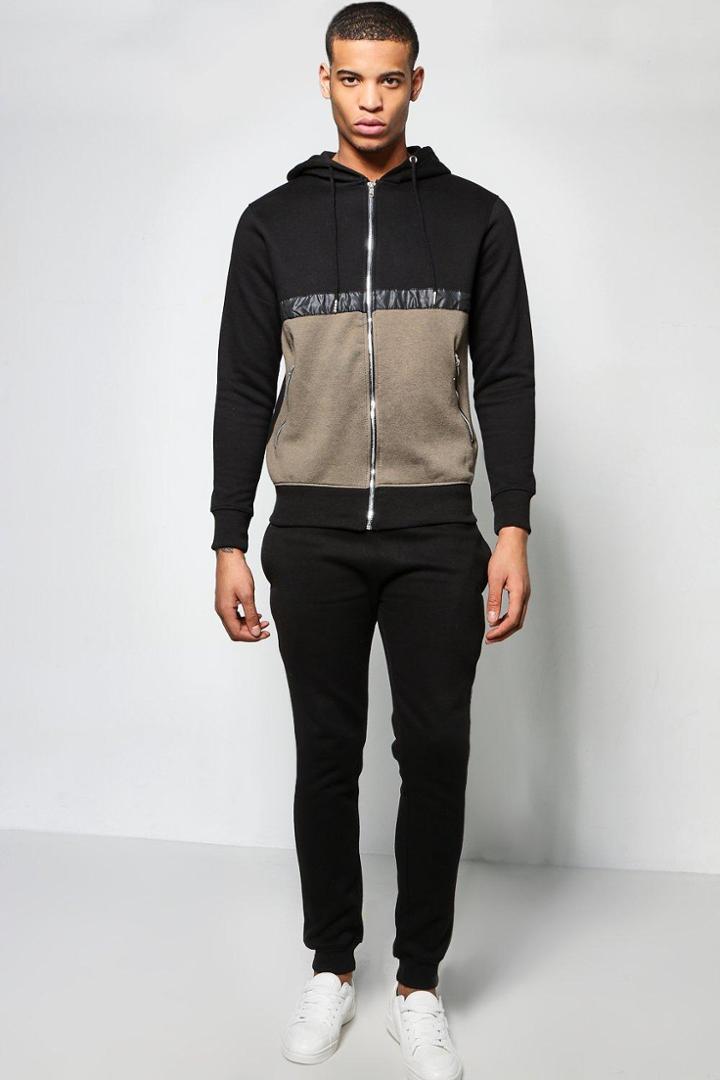 Boohoo Colour Block Hoodie With Skinny Joggers Khaki