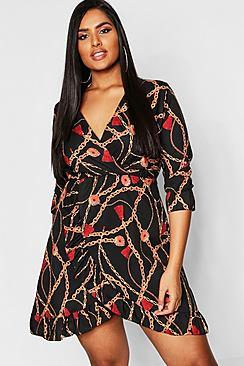 Boohoo Plus Chain Printed Ruffle Wrap Dress