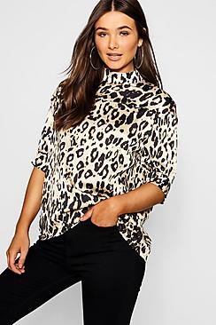 Boohoo High Neck Leopard Print Woven Top