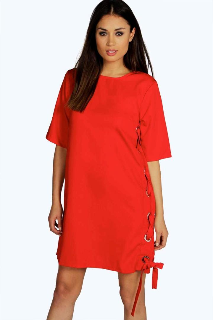 Boohoo Olivia Eyelet Tie Side Shift Dress Red