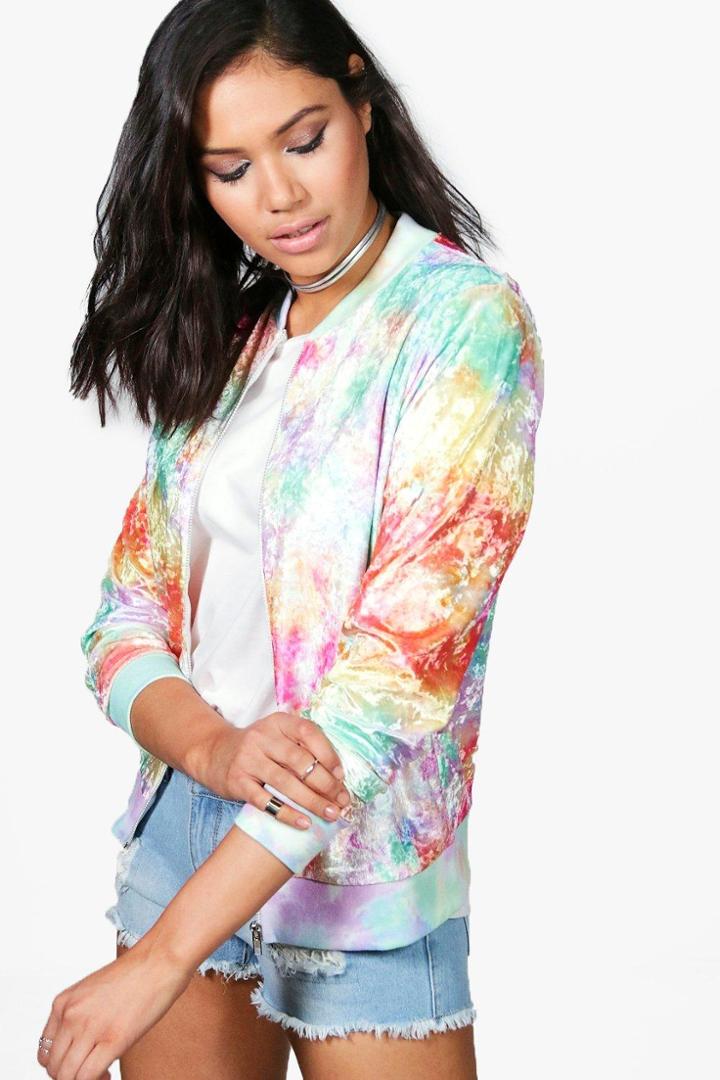 Boohoo Olivia Tie Dye Multi-coloured Unicorn Velvet Bomber Multi