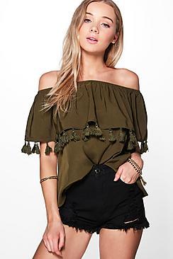 Boohoo Maria Tassel Hem Woven Off The Shoulder Top