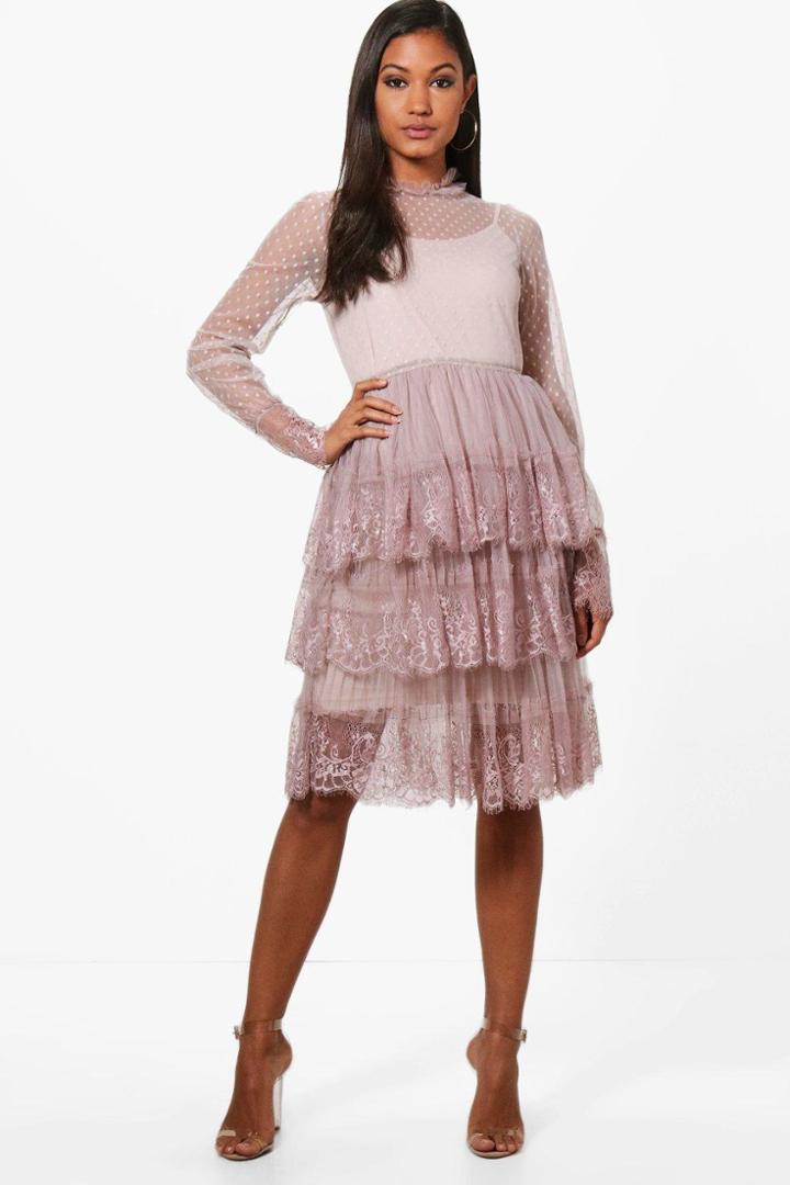 Boohoo Boutique Eve Polka Dot Mesh & Lace Tierred Dress Nude