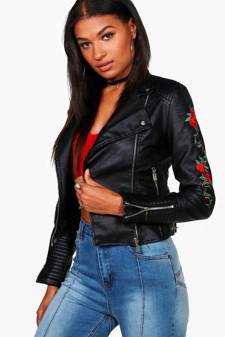 Boohoo Mel Rose Embroidered Biker Jacket Black
