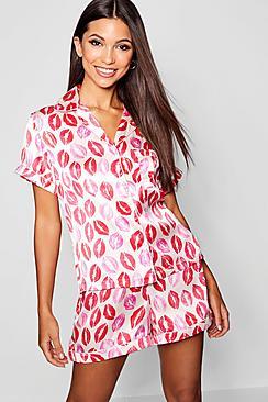 Boohoo Lip Print Button Through Short Set