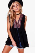 Boohoo Eva Embroidered Smock Top Black
