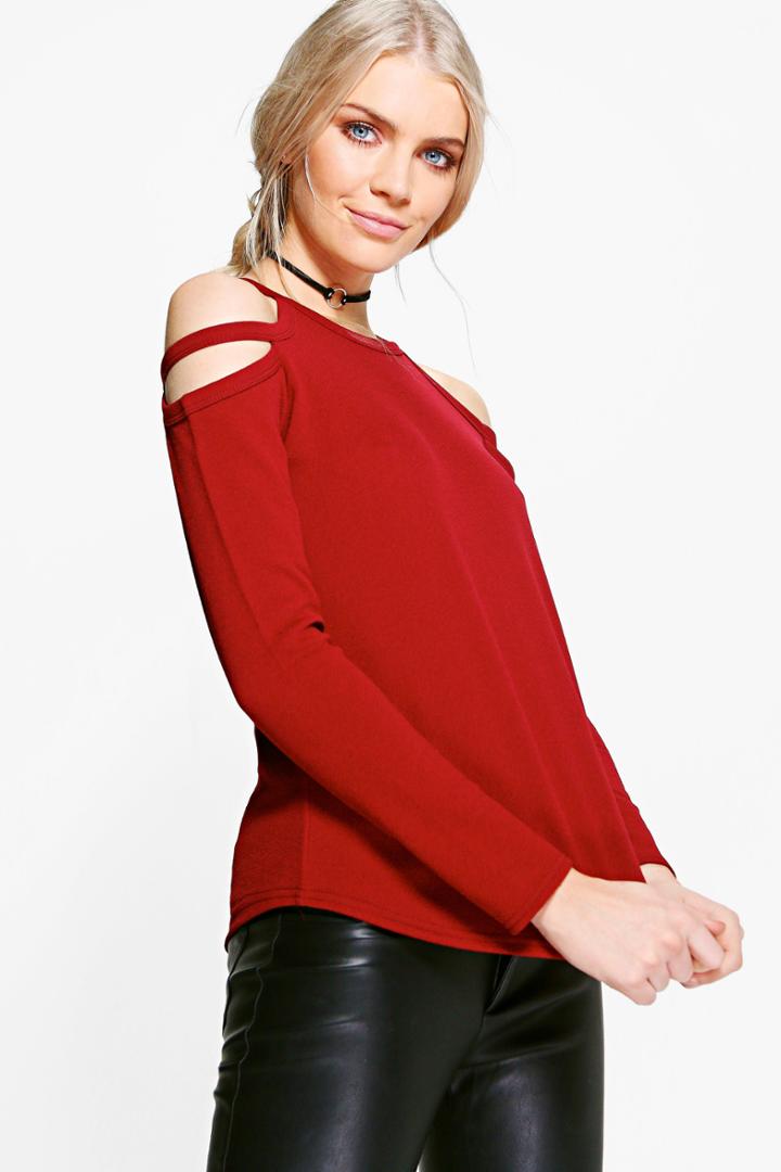 Boohoo Carolyn Caged Cold Shoulder Top Wine