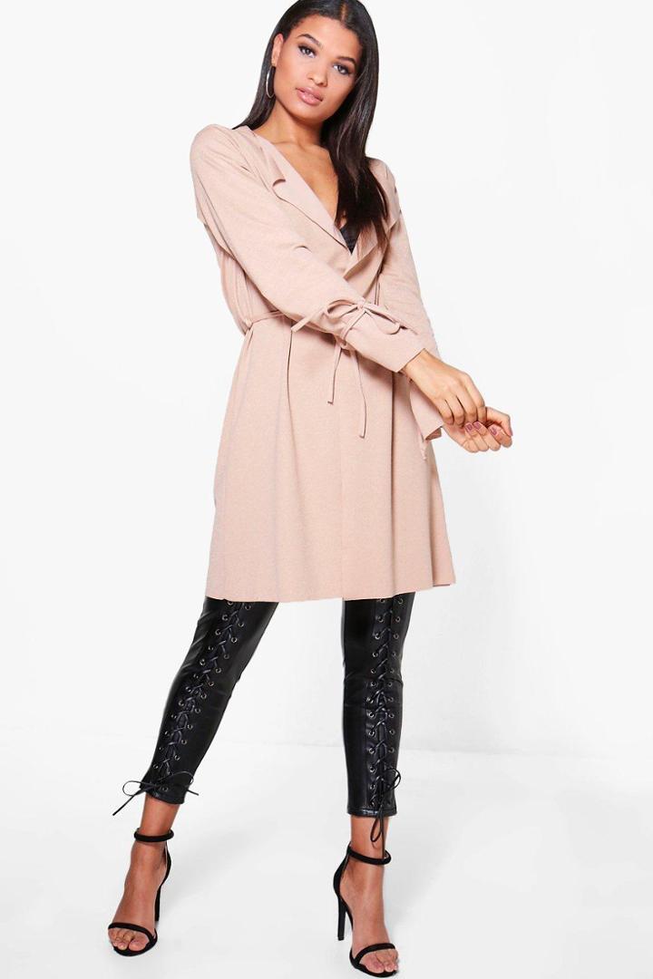 Boohoo Brooke Tie Sleeve Belted Duster Stone