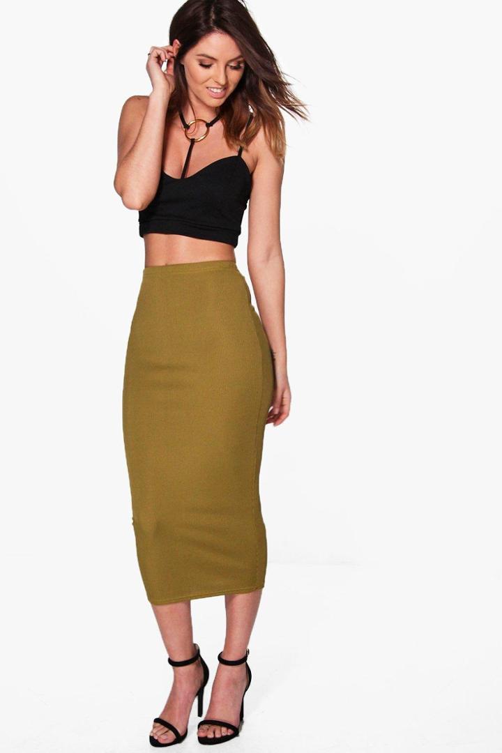 Boohoo Harper Ribbed Long Line Midi Skirt Olive