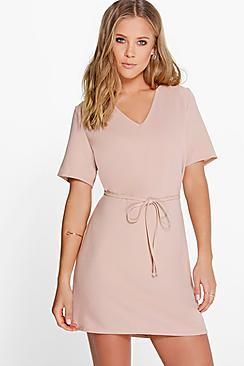 Boohoo Carmino V Front Self Tie Shift Dress