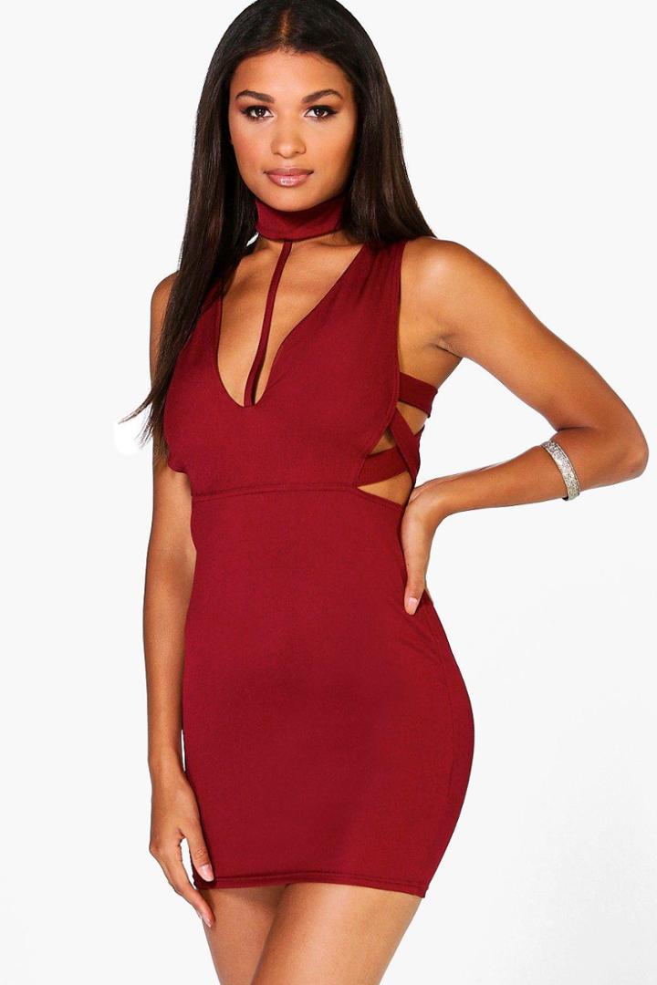 Boohoo Sarah Choker Strap Bodycon Dress Merlot