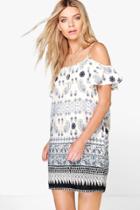 Boohoo Pia Border Print Cold Shoulder Swing Dress Navy
