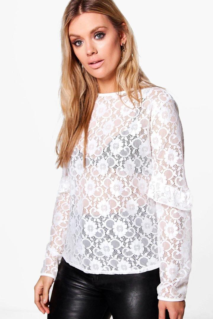 Boohoo Plus Luanne Lace Ruffle Sleeve Top Cream