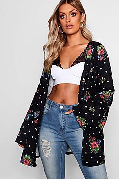 Boohoo Plus Spot + Floral Print Kimono