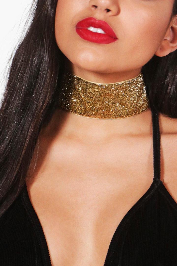 Boohoo Kerry Metallic Glitter Choker Gold