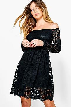 Boohoo Petite Isla Lace Off The Shoulder Skater Dress