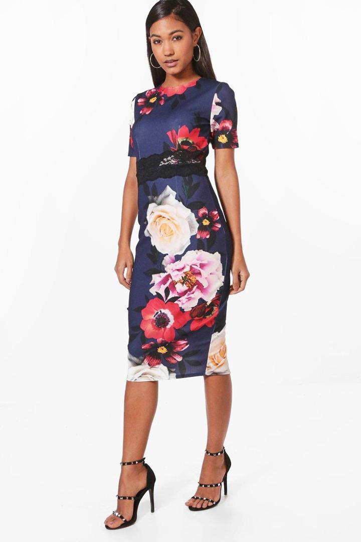 Boohoo Mia Floral Print Lace Insert Midi Dress Navy