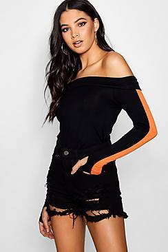 Boohoo Jennie Off The Shoulder Sports Stripe Top