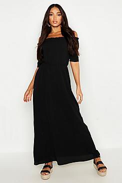 Boohoo Woven Ruffle Bardot Maxi Dress