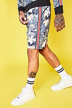Boohoo Palm Print Sports Stripe Shorts Co-ord