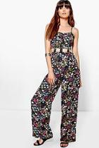 Boohoo Mia Caged Cut Out Strappy Wide Leg Floral Jumpsuit